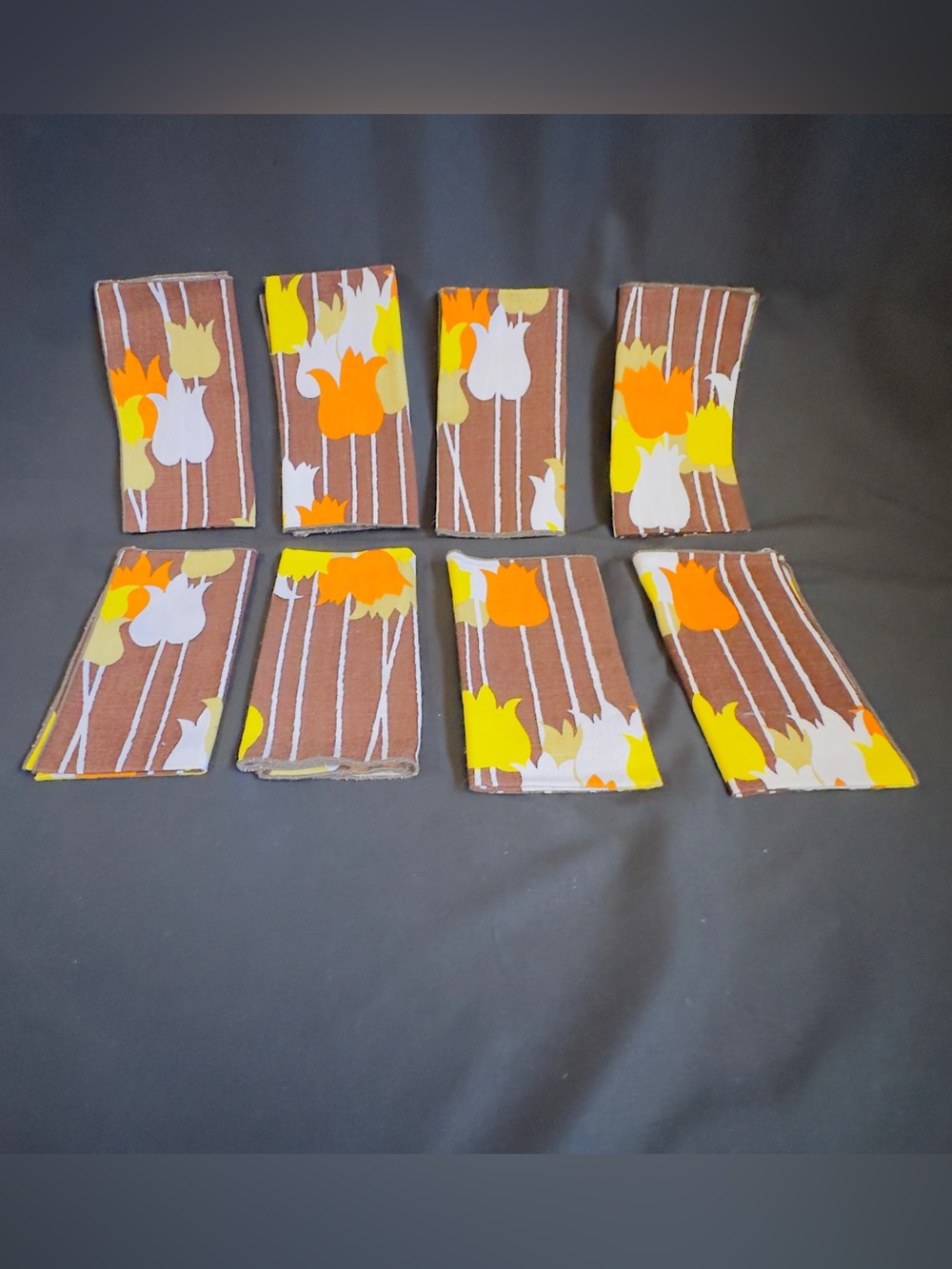 Vtg Retro Linen Cloth Napkins Brown Yellow Orange Yellow Tulips 14x15, 9oz